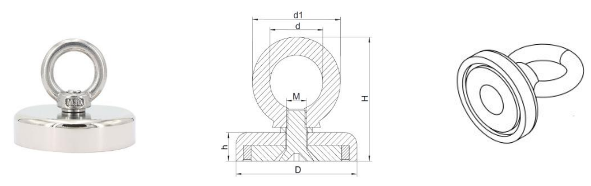 Fishing magnets with countersunk hole eyebolt